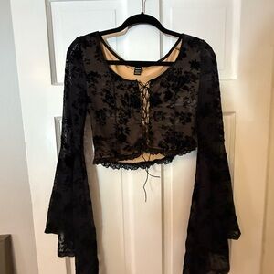 SHEIN Black Long Sleeve Crop Tie Front Blouse